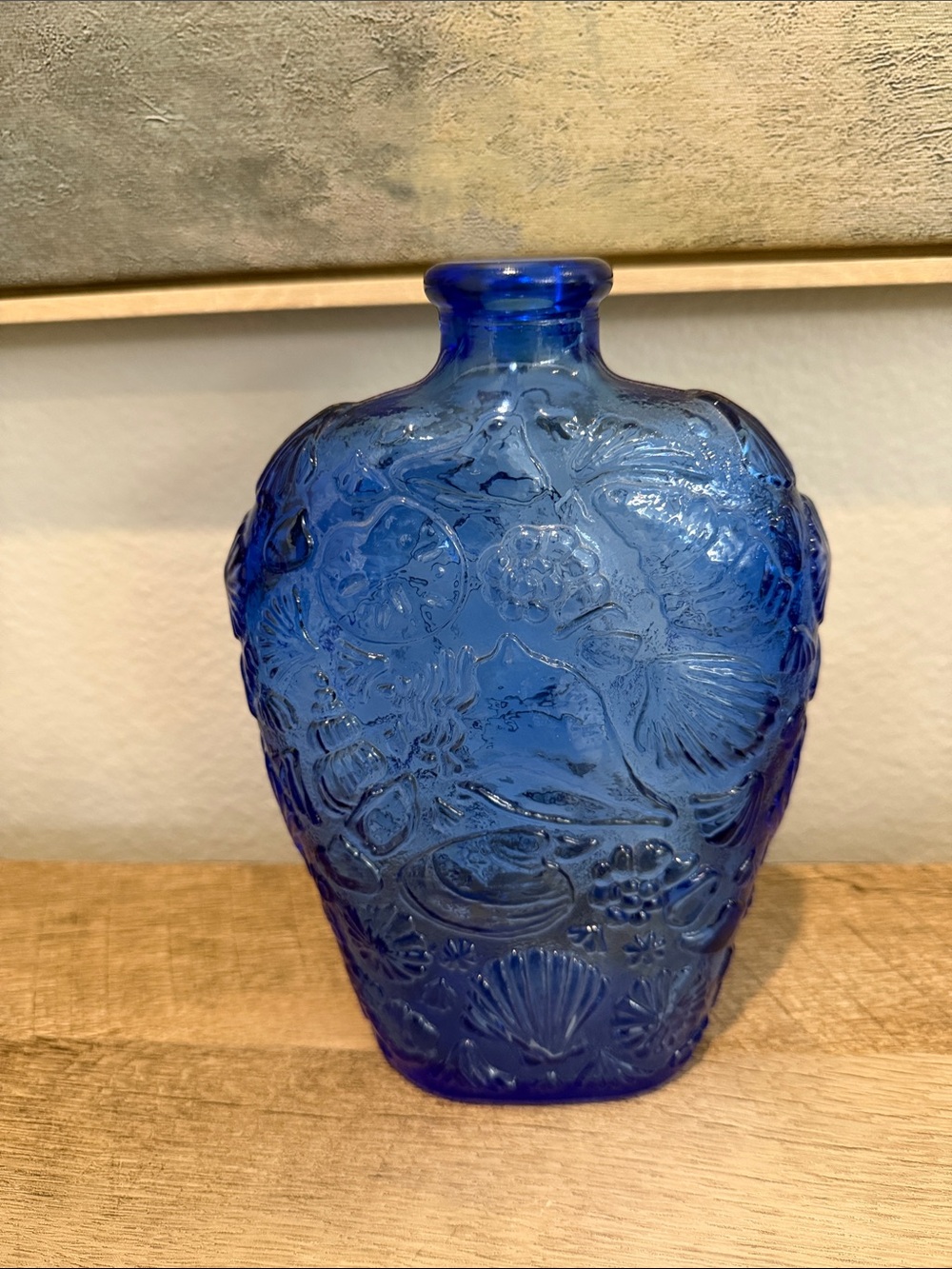 Vintage Cobalt Blue  Embossed Glass Decorative Vase with Seashells